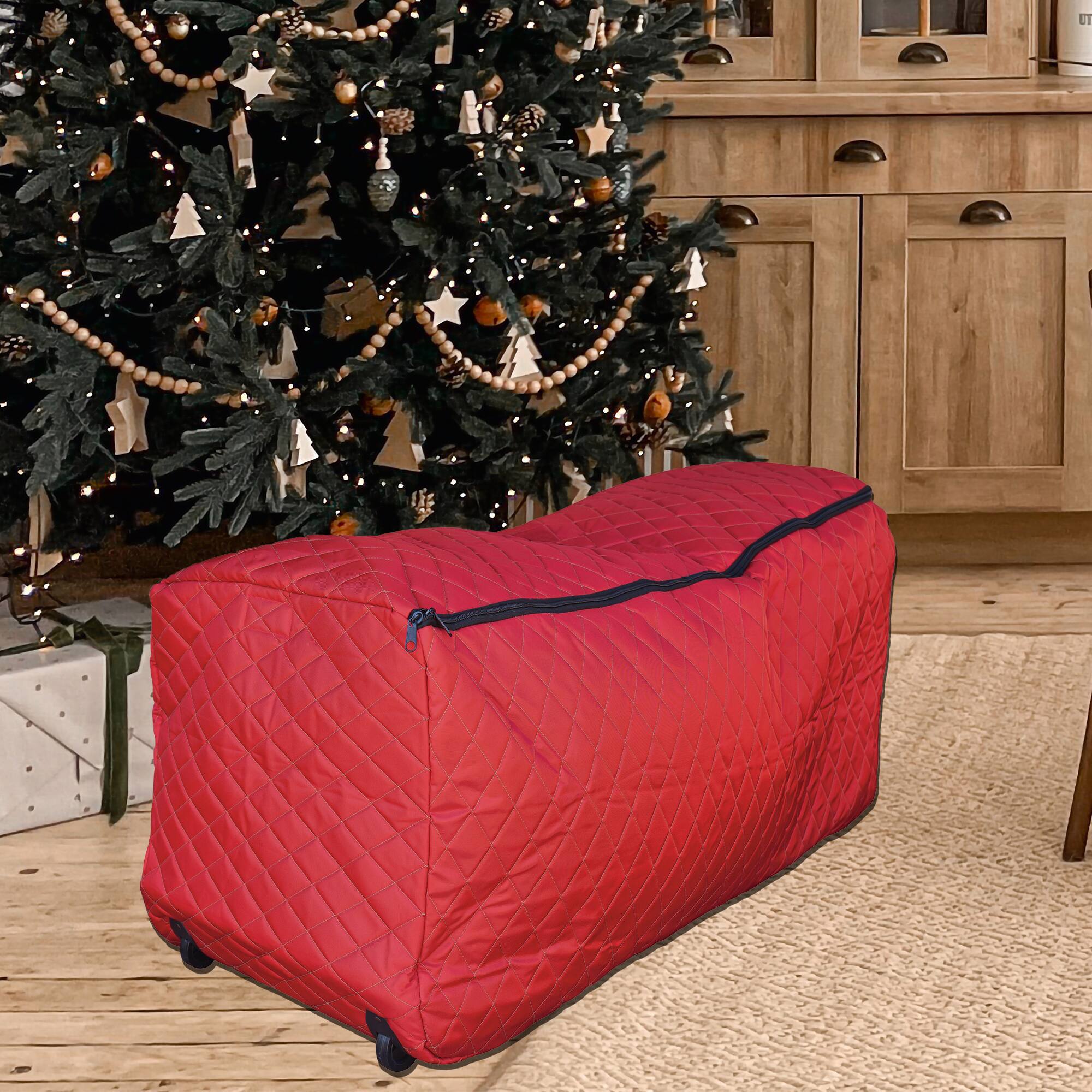 57" Red Quilted Rolling Christmas Tree Storage Bag for Trees up to 9ft